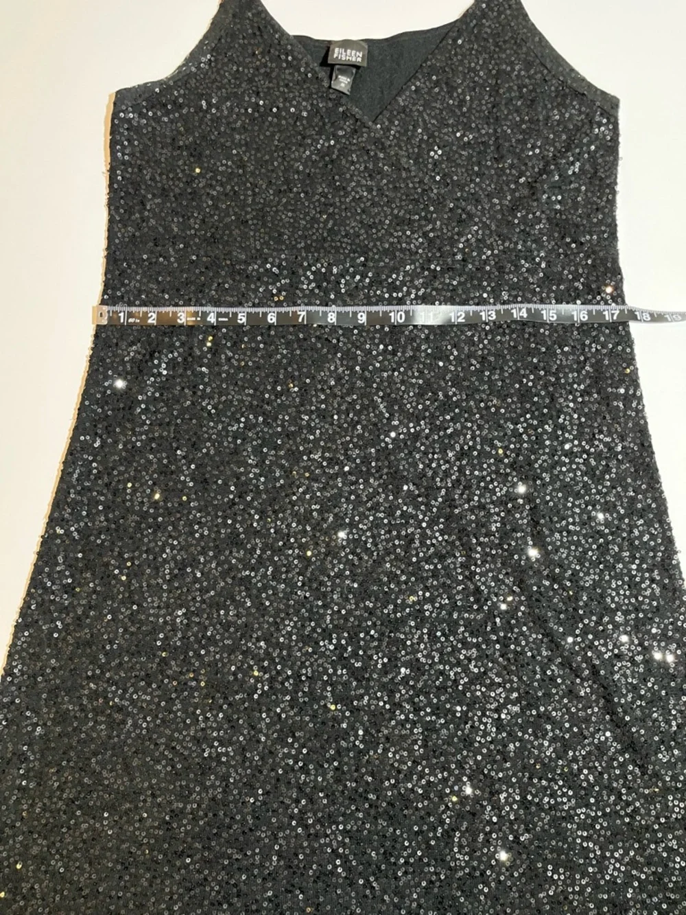 Eileen Fisher Black Sequin Silk Blend Sleeveless Shift Short Dress V Neck Medium - Picture 10 of 10